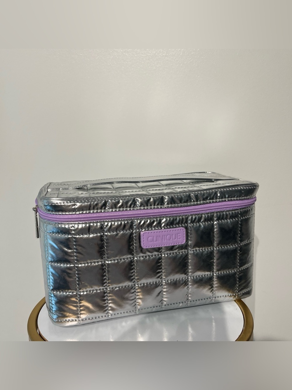 Clinique Metallic Silver Quilted Makeup Bag with Purple - BRAND NEW